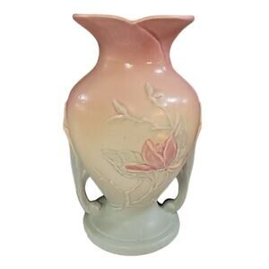 HULL POTTERY PINK AND BLUE 8-1/2 " VASE MAGNOLIA PATTERN # 2